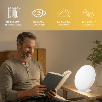 man_reading_a_book_using_sunlight_lamp_three_color_temperature_no_glare_or_flicker_large_area_coverage_and_high_quality_materials