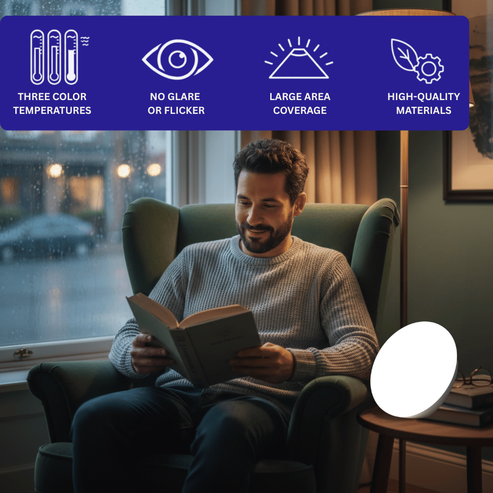 man watching book using light therapy box 3 color temperatures ; no glare or flicker; large area coverage; high quality materials