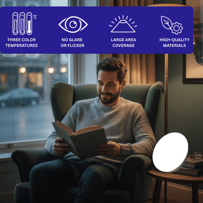man watching book using light therapy box 3 color temperatures ; no glare or flicker; large area coverage; high quality materials